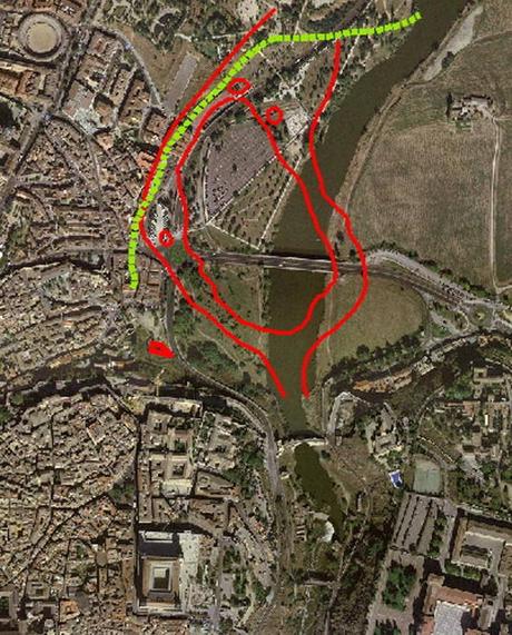 Fragmento de la vista de Toledo dibujada por Arroyo Palomeque hacia 1721. Presa el Cañar (1), isla de Antolínez (2), azud o noria junto a la Huerta del Rey