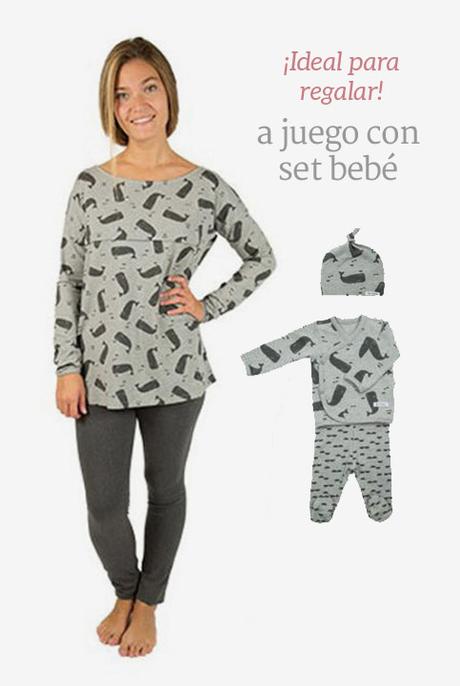 Pijama de lactancia y embarazo ballenas en gris