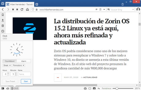 Vivaldi: reloj en la barra de estado con alarma y cuenta regresiva Vivaldi