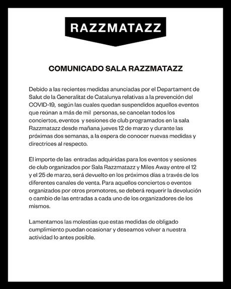 La sala Razzmatazz de Barcelona cancela toda su actividad hasta el 25 de marzo