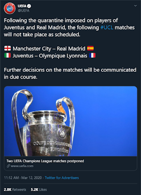 Aplazados los partidos de Champions League entre Manchester City-Real Madrid y Juventus-Lyon