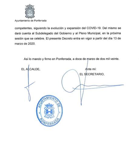 Ponferrada cierra todos los espacios públicos hasta el 26 de marzo, como prevención ante la expansión del  Coronavirus