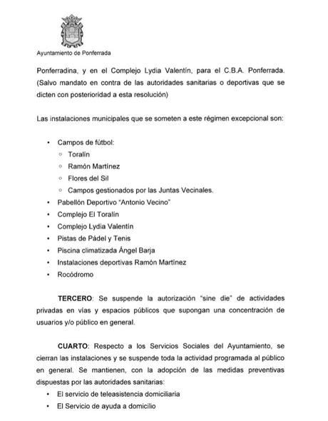 Ponferrada cierra todos los espacios públicos hasta el 26 de marzo, como prevención ante la expansión del  Coronavirus