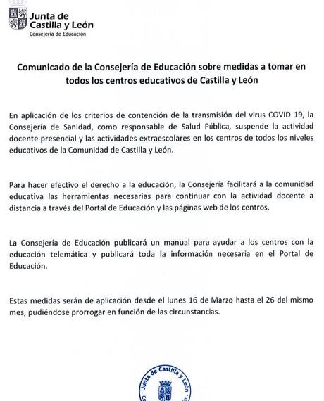La junta de Castilla y León decreta el cierre de los centros educativos inicialmente desde el lunes 16 al jueves 26 de marzo