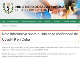 Nota informativa sobre quinto caso de Covid-19 en Cuba