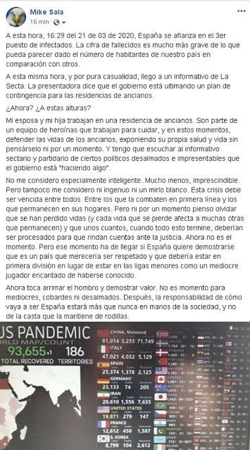 Coronavirus, Gobierno inútil y mi comentario de hoy en Facebook