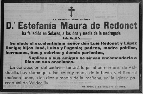 Octubre de 1918:Fallece de gripe en Solares Estefanía Maura, hija de Antonio Maura,Presidente del Gobierno