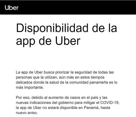 Uber suspende operaciones en Panamá por Covid-19 hasta nuevo aviso
