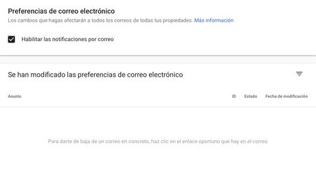Search Console: más control sobre mensajes y SERPs Preferencias Alertas Correo Search Console