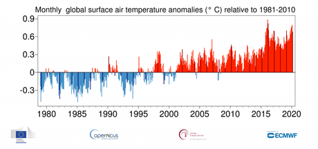 Sigue la tendencia en los registros mensuales. Las temperaturas globales del mes pasado, estuvieron a la par con el segundo y tercer registro más cálido (2017 y 2019)