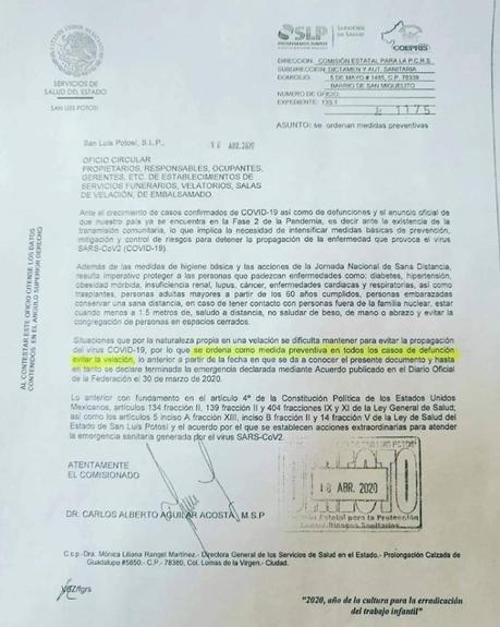 Velorios prohibidos en SLP, sin importar la causa de la muerte