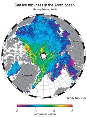 Mapa del espesor del hielo sobre el Ártico