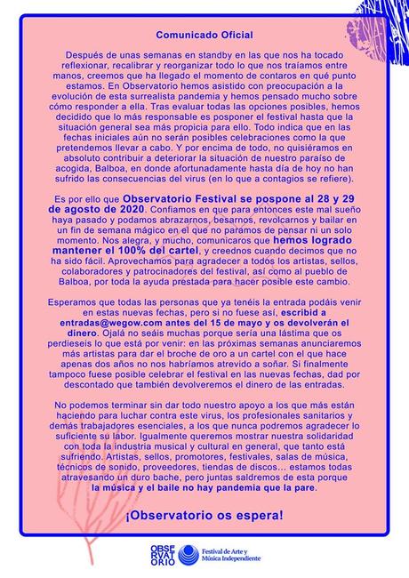 EL Observatorio Festival de Balboa se pospone para finales de agosto