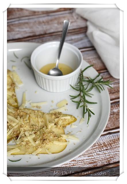 Carpaccio de Pera con Romero y arena de Nueces
