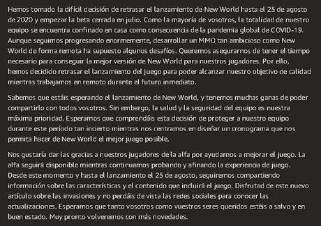 New World retrasa su lanzamiento hasta agosto y su beta podría ser en julio