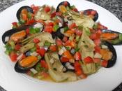 Mejillones alcachofas vinagreta verduras