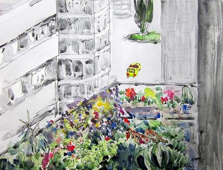 Dibujos y acuarelas en el claustro.