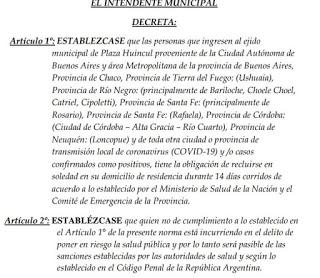 Huincul estableció por decreto el aislamiento obligatorio a quienes regresen de otras provincias o ciudades con transmisión local de coronavirus