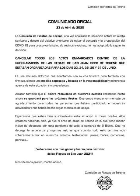 La Comisión de fiestas de Toreno anuncia la cancelación de San Juan 2020