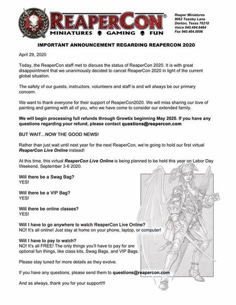 ReaperCon 2020 de Reaper Miniatures. Suspendida y no Suspendida
