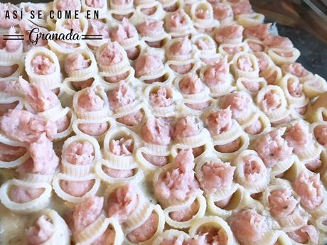 Galets sin gluten rellenos de pollo y gratinados. Juego de blogueros 2.0