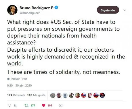 TW de ministro RREE sobre declaraciones de Pompeo contra la cooperación cubana en salud.