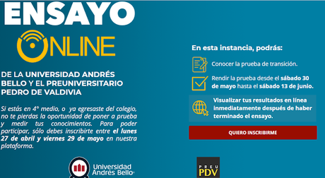 Invitación a realizar Ensayo prueba de transición gratuito de la UNAB y del Preuniversitario Pedro de Valdivia.