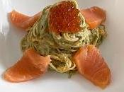 Espaguetis tricolor pesto calabacín, salmón caviar