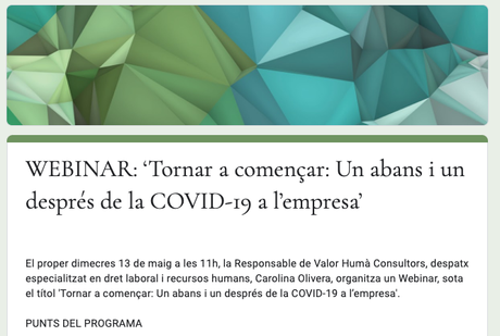 Valor Humà prepara un webinar para analizar el antes y el después del Covid-19