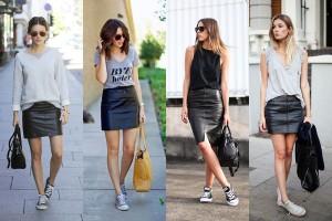 Look Falda Cuero Y Zapatillas