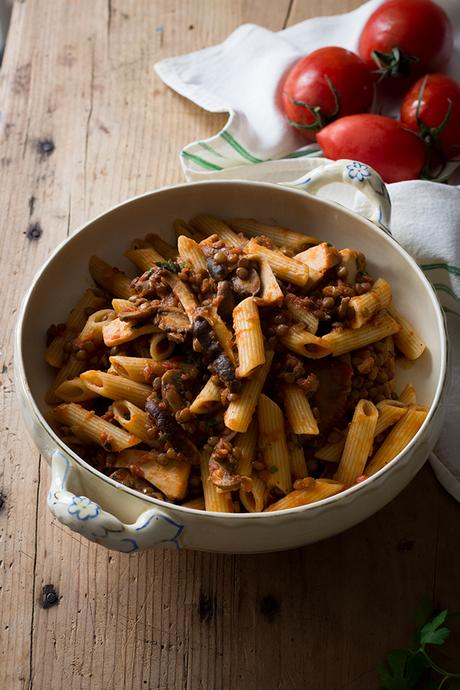 MACARRONES CON LENTEJAS Y SETAS