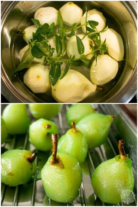 Peras con menta y chocolate