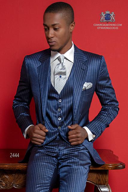 Traje de novio italiano raya diplomática azul Traje de novio italiano raya diplomática azul