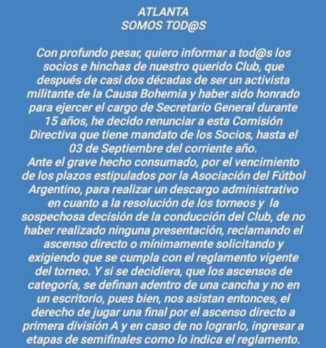 Alto directivo de Atlanta renunció por que el resto de la CD no reclamó el ascenso