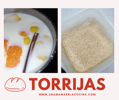 Torrijas caseras receta, cazo con leche canela piel de naranja y limón y mezcla de azúcar con canela Torrijas caseras receta, cazo con leche canela piel de naranja y limón y mezcla de azúcar con canela