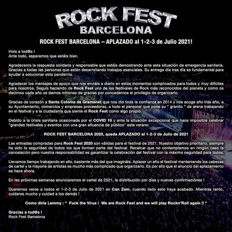 Aplazado a 2021 el Rock Fest Barcelona Aplazado a 2021 el Rock Fest Barcelona