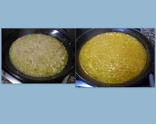 Elaboración del risotto al azafrán con pera y puerro.