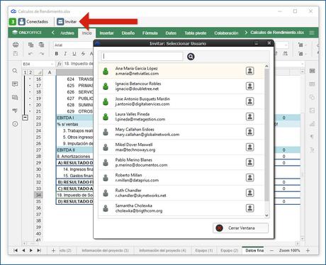 Invitar a usuarios conectados para edición compartida de Excel.