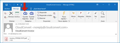 Guardar adjuntos complemento Outlook Dataprius. En Outlook 2016.