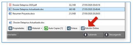 Opción de Edición Online en la barra del archivo seleccionado.