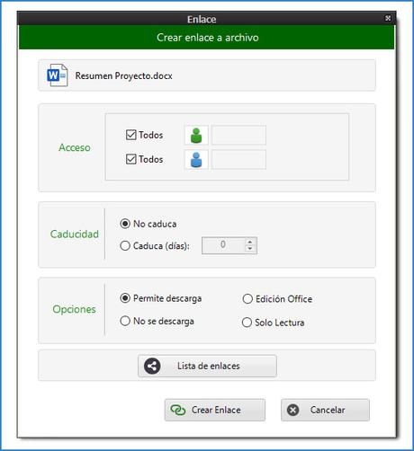 Novedades versión 7.4 Dataprius Cloud Ventana de Creación de enlace