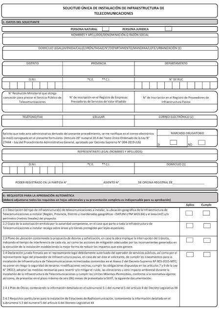 SUIIT - SOLICITUD UNICA DE INSTALACIÓN DE INFRAESTRUCTURA DE TELECOMUNICACIONES