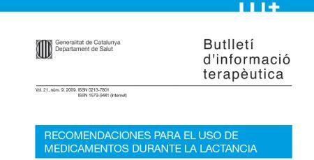 Detalle de la portada del número 9 del boletín de información terapéutica de la Generalitat de Catalunya cuyo título es: Recomendaciones sobre el uso de medicamentos durante la lactancia