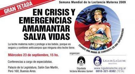 Cuando una mamá se convierte en superheroína. Cartel de promoción de una tetada en Argentina promovido por la Diputada Victoria Morales Gorteri y La Liga de la Leche