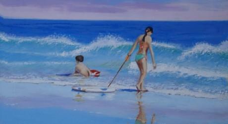 Pintura niños jugando en la playa