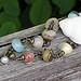 cannon beach, oregon bracelet with handcrafted lampwork beads , drilled beach stones, freshwater pearl & antiqued brass findings