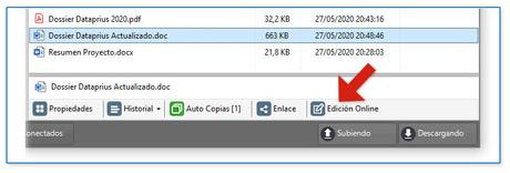 Opción de edición online en la barra del documento seleccionado de Dataprius.