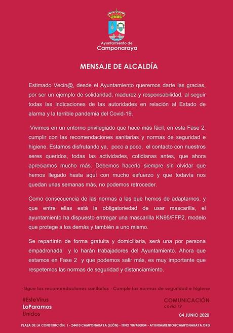 El Ayuntamiento de camponaraya reparte mascarillas FFP2 entre los vecinos empadronados en el municipio