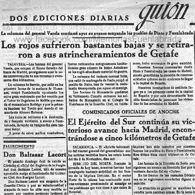 Frente de guerra por Fuenlabrada según prensa sublevada