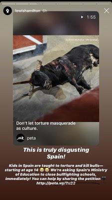 L. Hamilton critica la tauromaquia: “En España enseñan a los niños a torturar y matar a los toros a partir de los 14 años”.